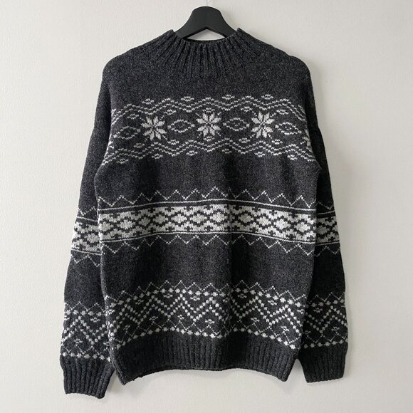 NWT Celtic & Co. Fair Isle Stripe Funnel Neck Sweater Charcoal - Picture 1 of 16